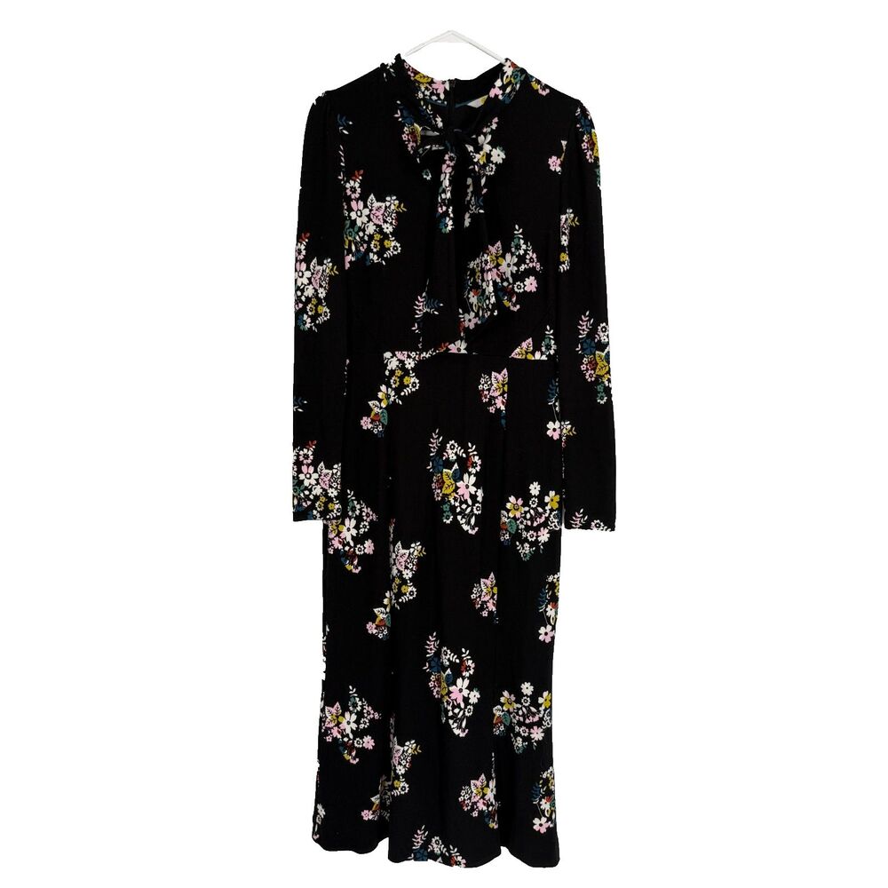 Boden Black Midi Dress Floral Maisie Ponte Tie Neck Church Funeral Size 10